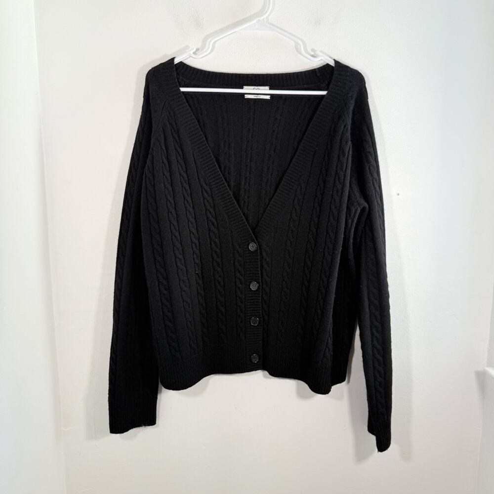CO Essentials Black 100% Cashmere Cable Knit Button Sweater Cardigan Medium